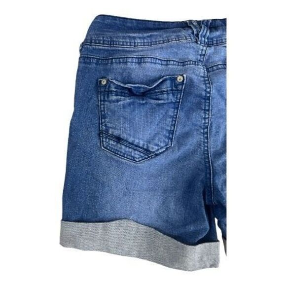Wallflower Women Blue Denim Shorts Juniors Size 7 Embroidered Cuffed Stretch - Picture 6 of 12